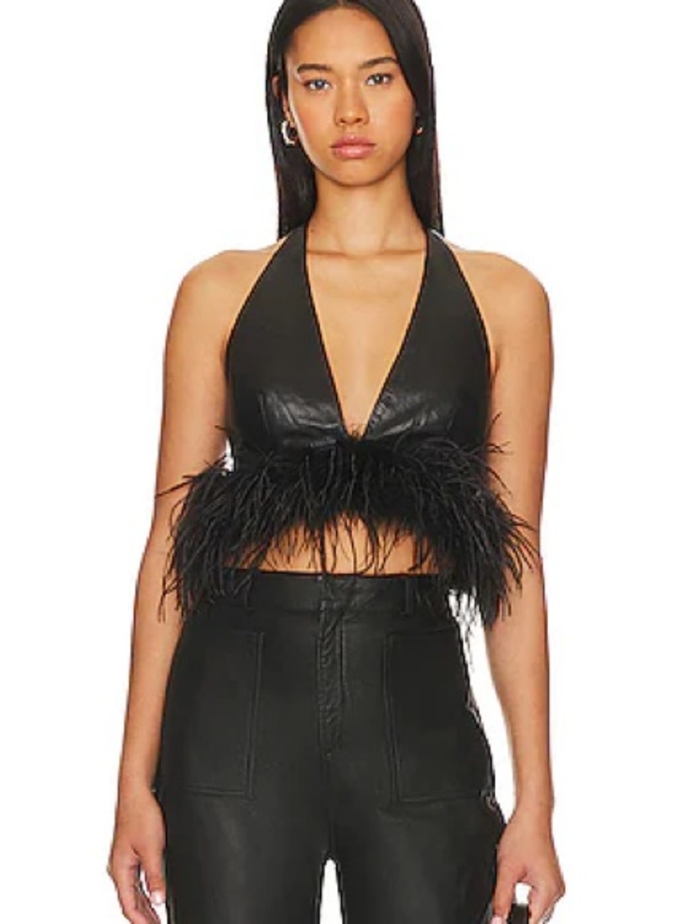 NWT Lamarque Feather-Trim Leather Halter Bralette